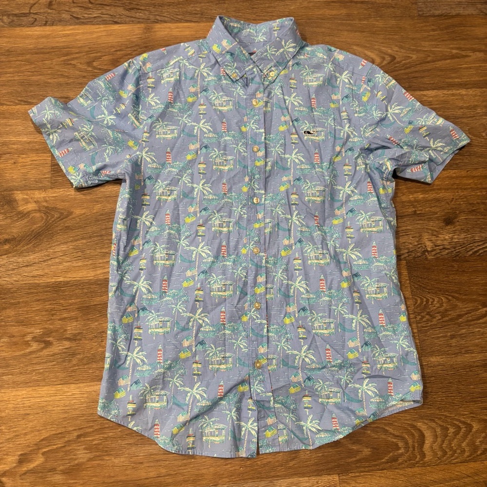 Vineyard Vines Tropical Lighthouse Palm Print Whale Shirt Button-Down – Medium
